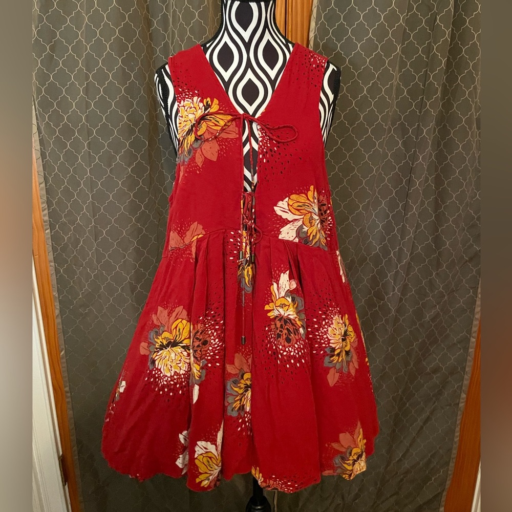 Free People Red Floral Tunic Tank Lace up Front Size M
